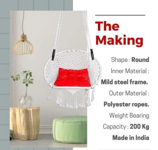 Curio Centre Make in India Round Premium Swing with Polyester Ropes & Mild Steel Frame for Adults & Kids/Indoor Outdoor Hanging Swing Chair with Cushion & Accessories (73 x 81 x 149 cm, White) - White, , Pack of1